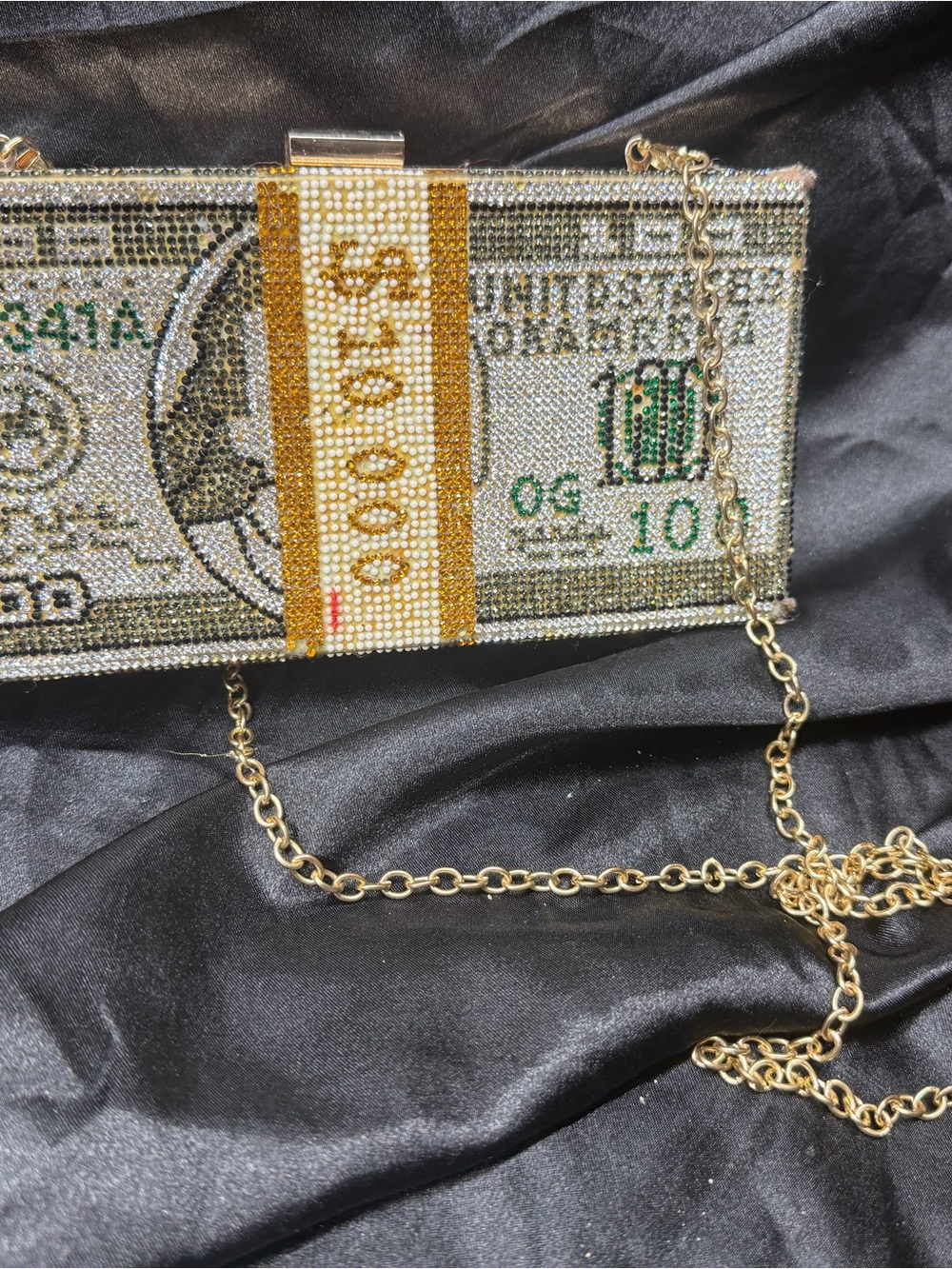 Crystal-Embellished Money Print Box Clutch in Gold and Green